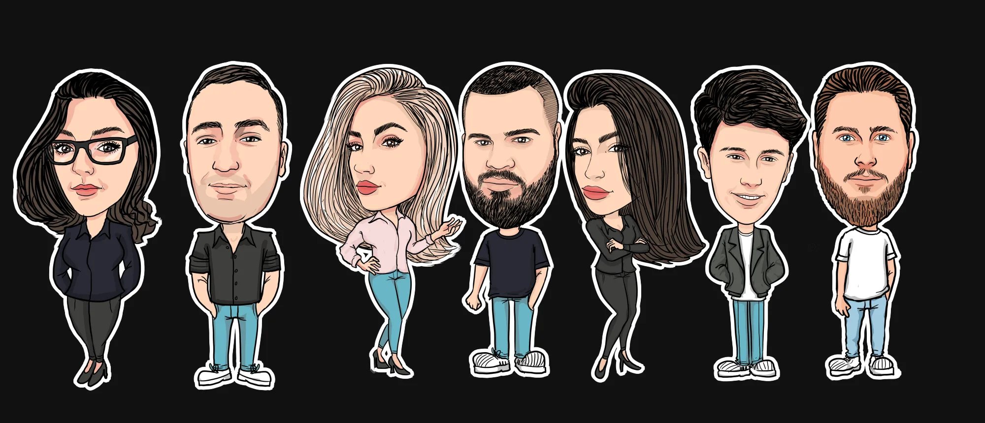 A cartoon drawing of the seven-person Tuedion team, side by side on a black background