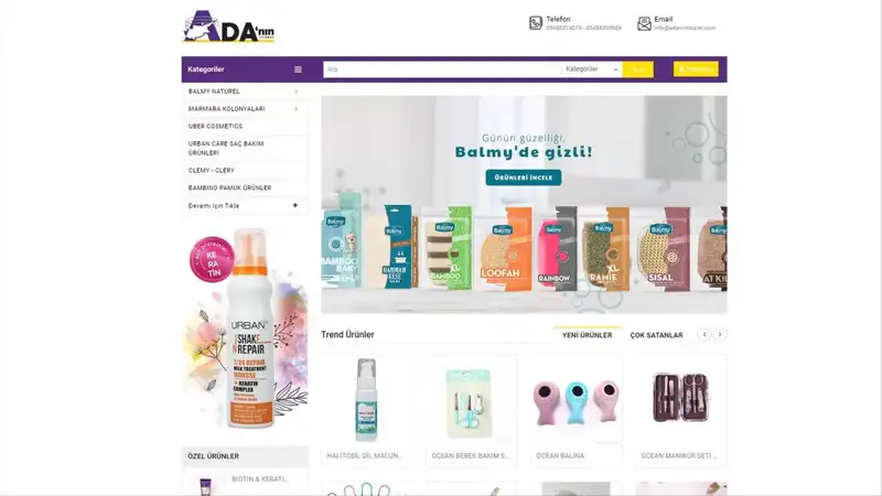 Adanın Ticaret home page: purple menu bar, brand categories and trending products