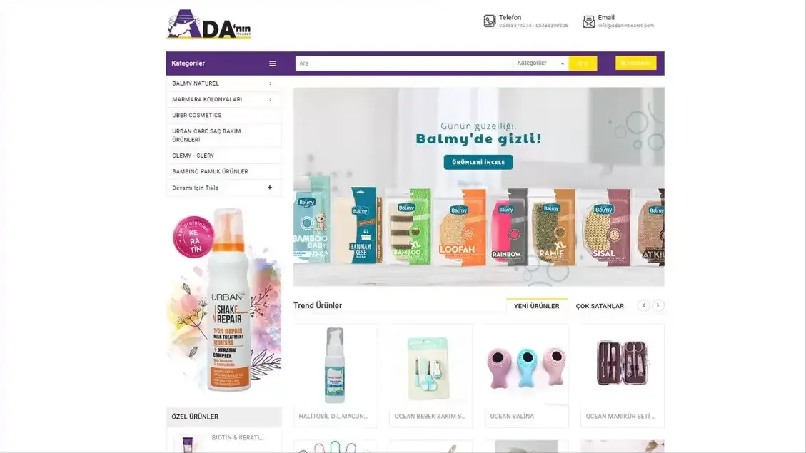 Adanın Ticaret home page: purple menu bar, brand categories and trending products