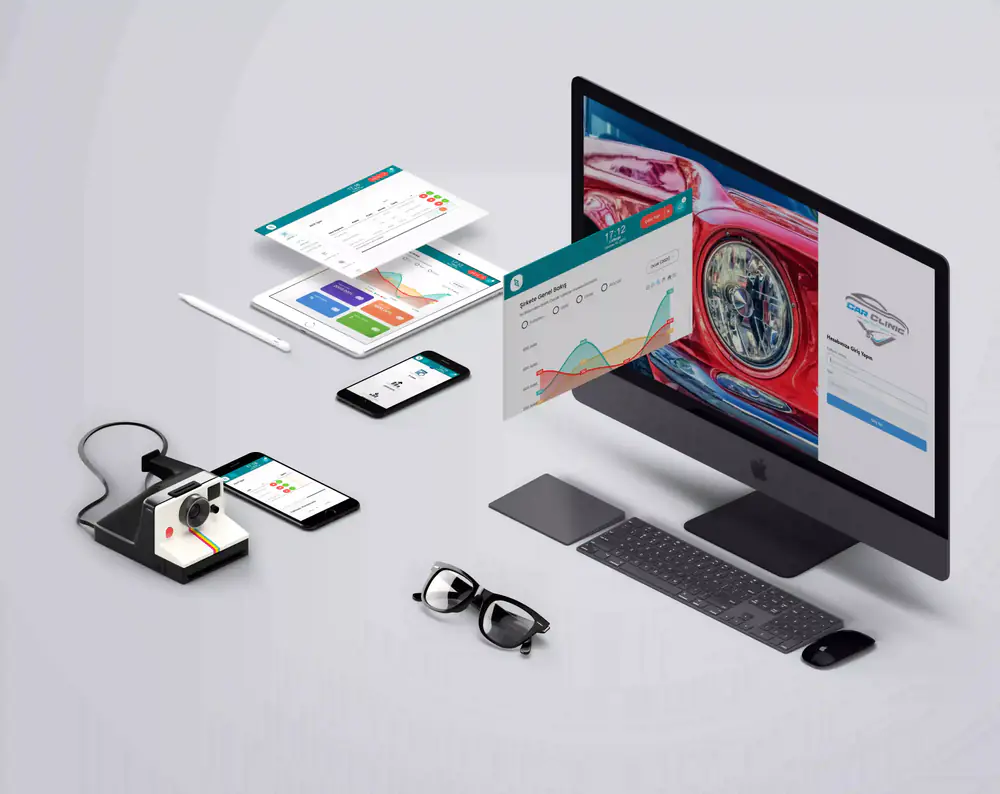 The Car Clinic CRM on desktop, laptop, tablet and phone: company overview chart and login screen