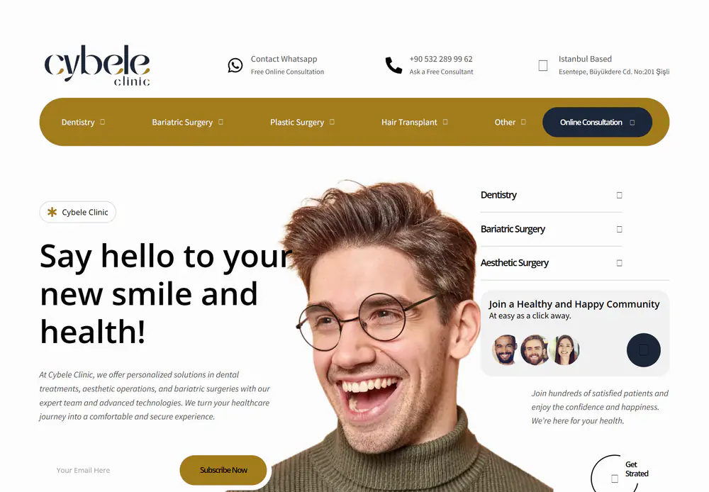 Cybele Clinic home page: the heading Say hello to your new smile and health and a gold treatment menu