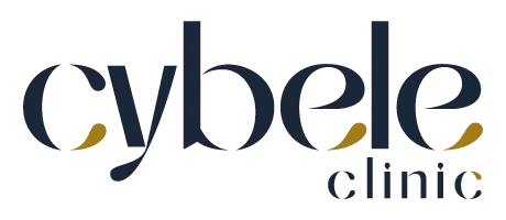 Cybele Clinic logo: navy letters and gold droplet accents