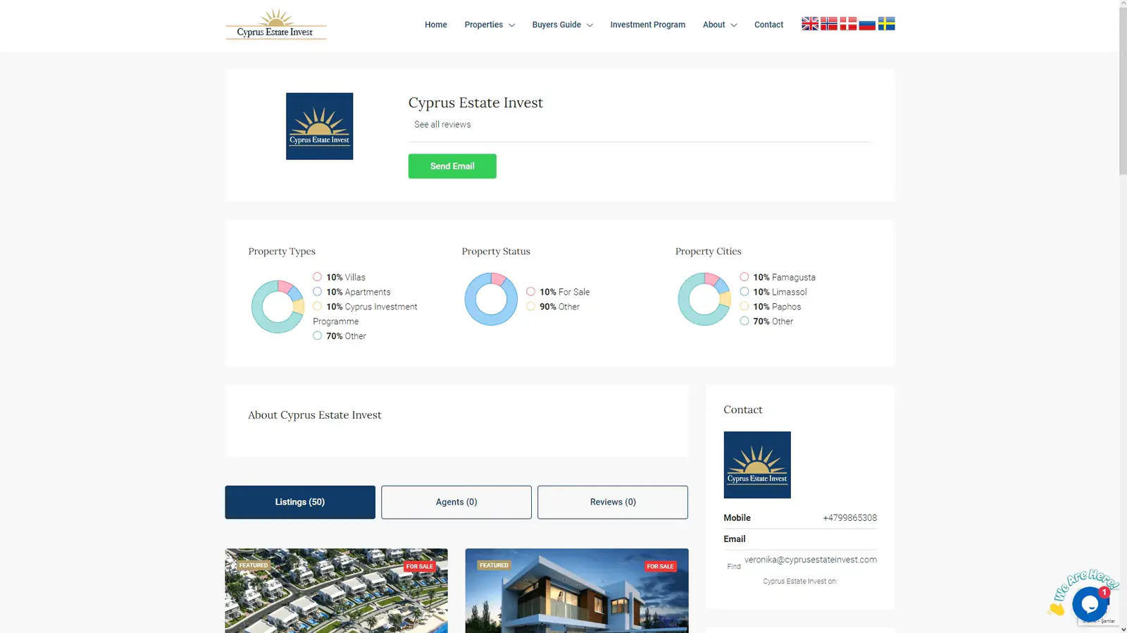 Cyprus Estate Invest office page: listing statistics, contact card and listing tabs