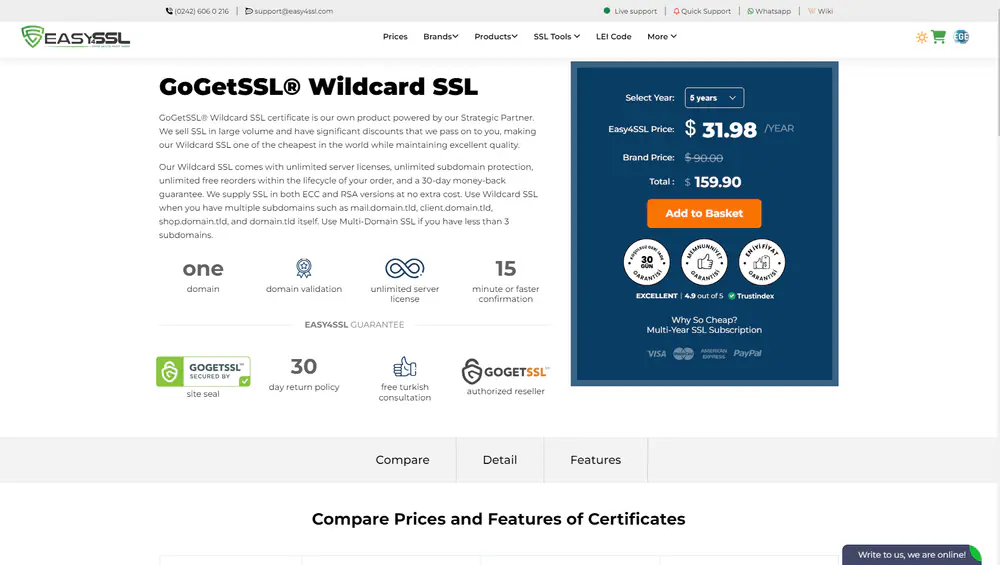 Easy4SSL product page: GoGetSSL Wildcard SSL, year selection and price