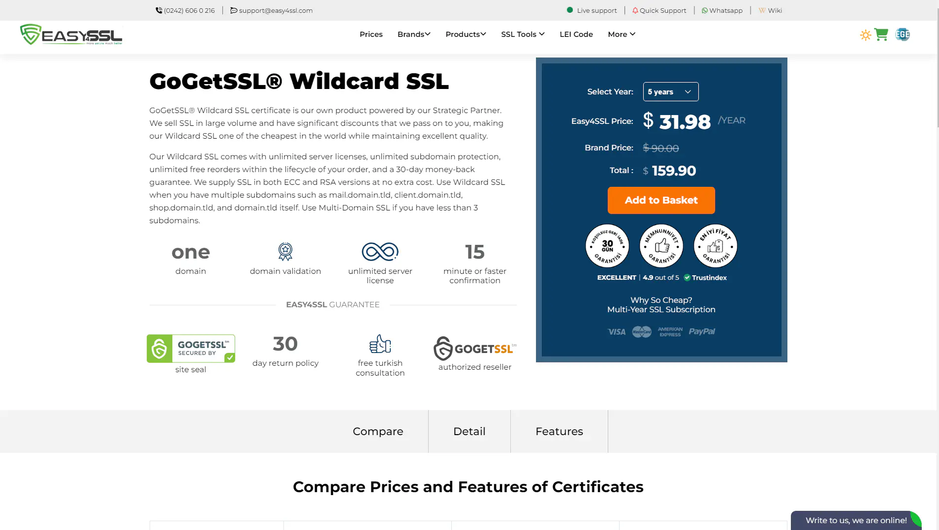 Easy4SSL product page: GoGetSSL Wildcard SSL, year selection and price