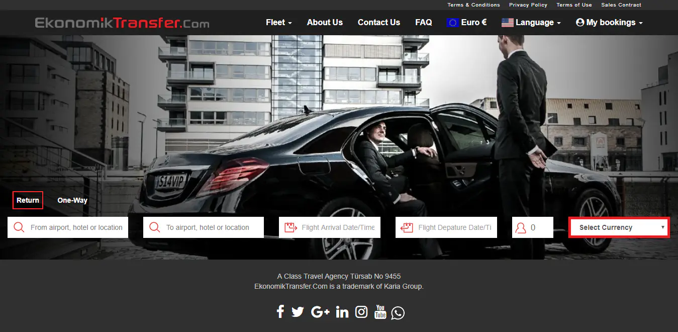 Ekonomik Transfer ana sayfası: siyah bir Mercedes önünde gidiş-dönüş transfer arama formu