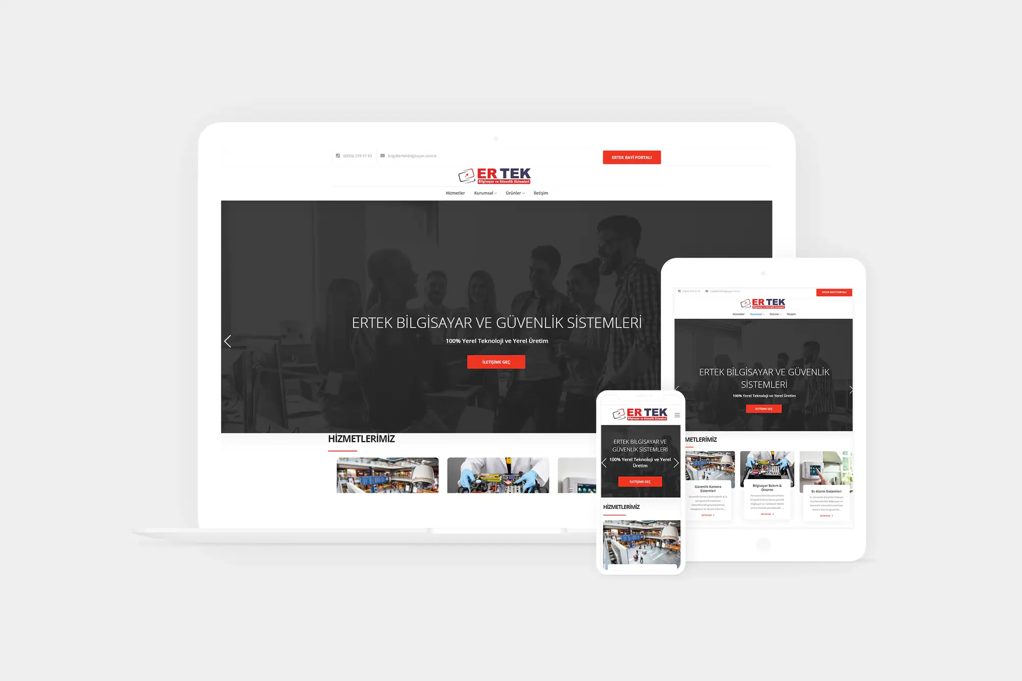 Ertek Bilgisayar website on a desktop, tablet and phone
