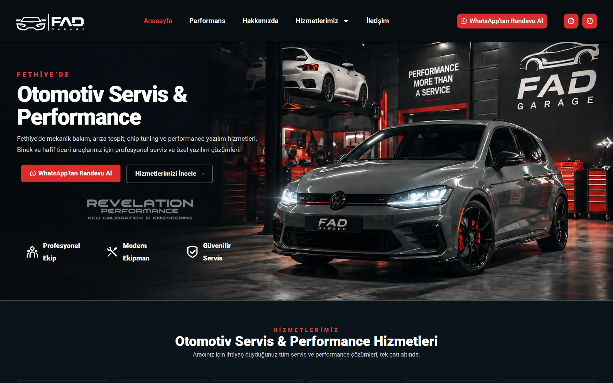 Fad Garaj home page: the heading “Fethiye’de otomotiv servis ve performance” (Automotive service and performance in Fethiye) and a WhatsApp appointment button