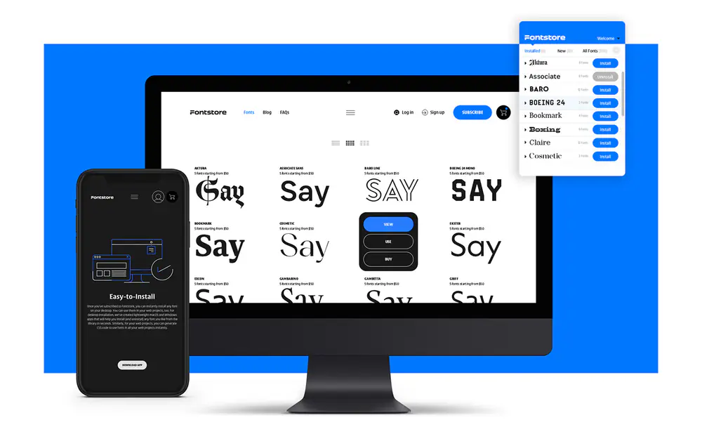 The Fontstore store on desktop and phone: the word Say previewed in different fonts