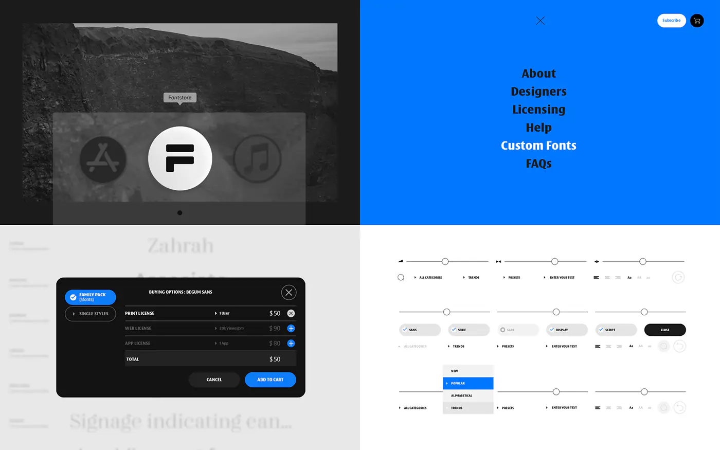 Fontstore app and menu screens