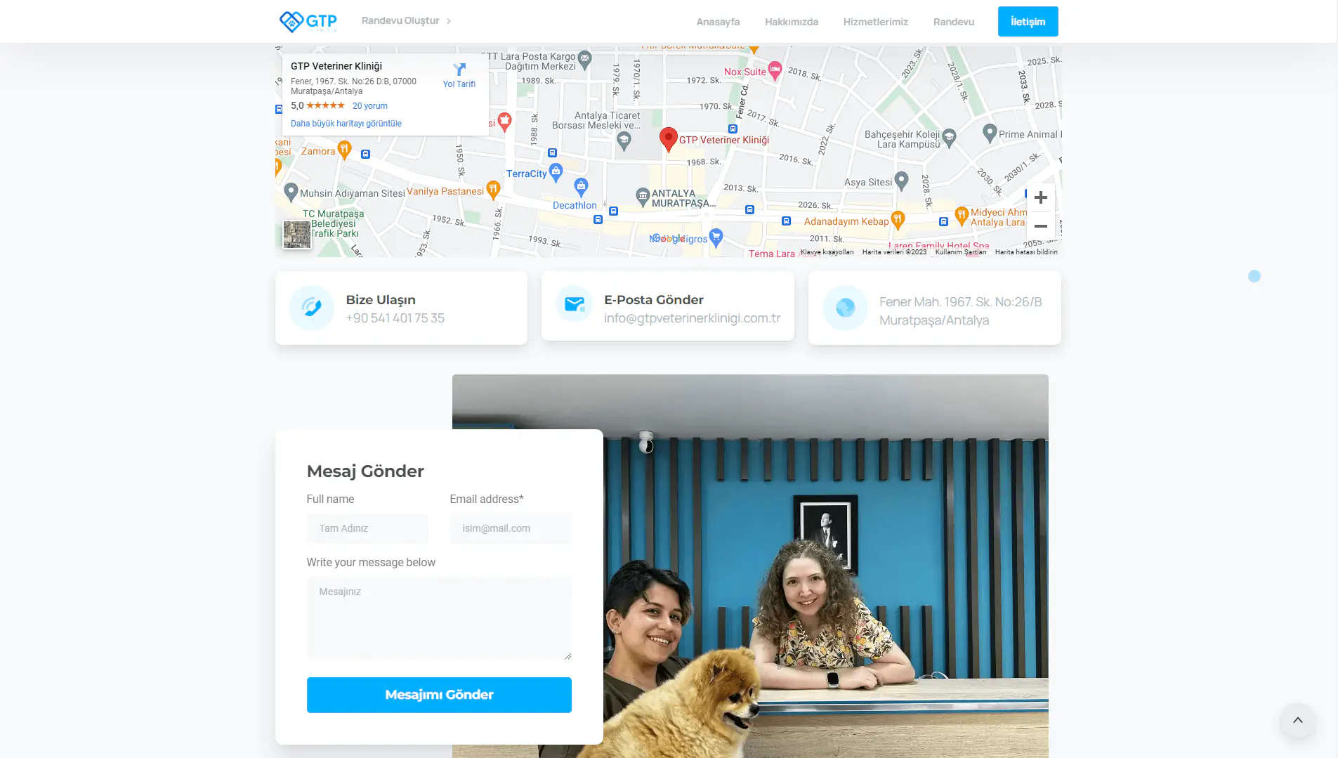 GTP Veterinary Clinic contact page: map and message form