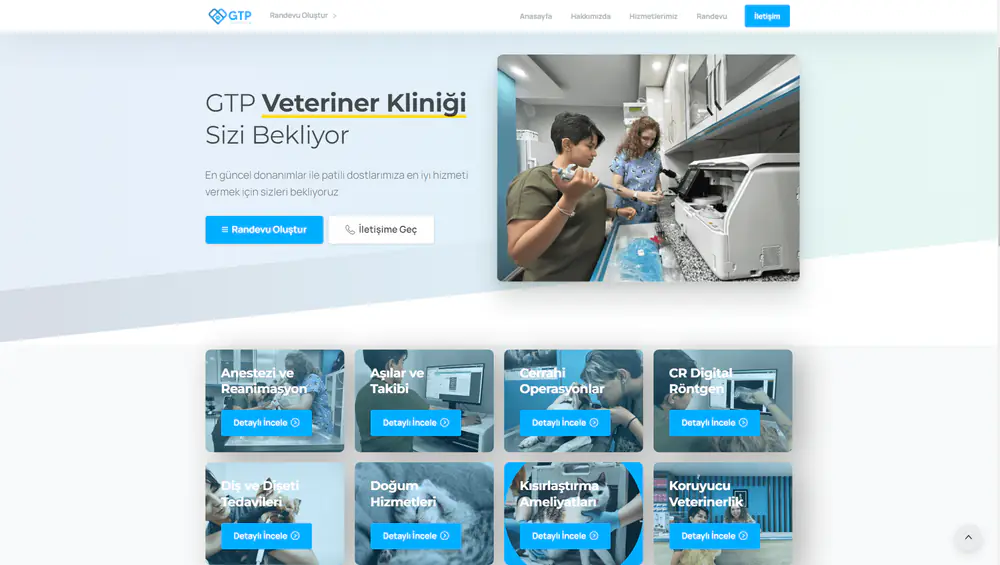GTP Veterinary Clinic home page: the Sizi Bekliyor (Waiting for you) heading and service cards