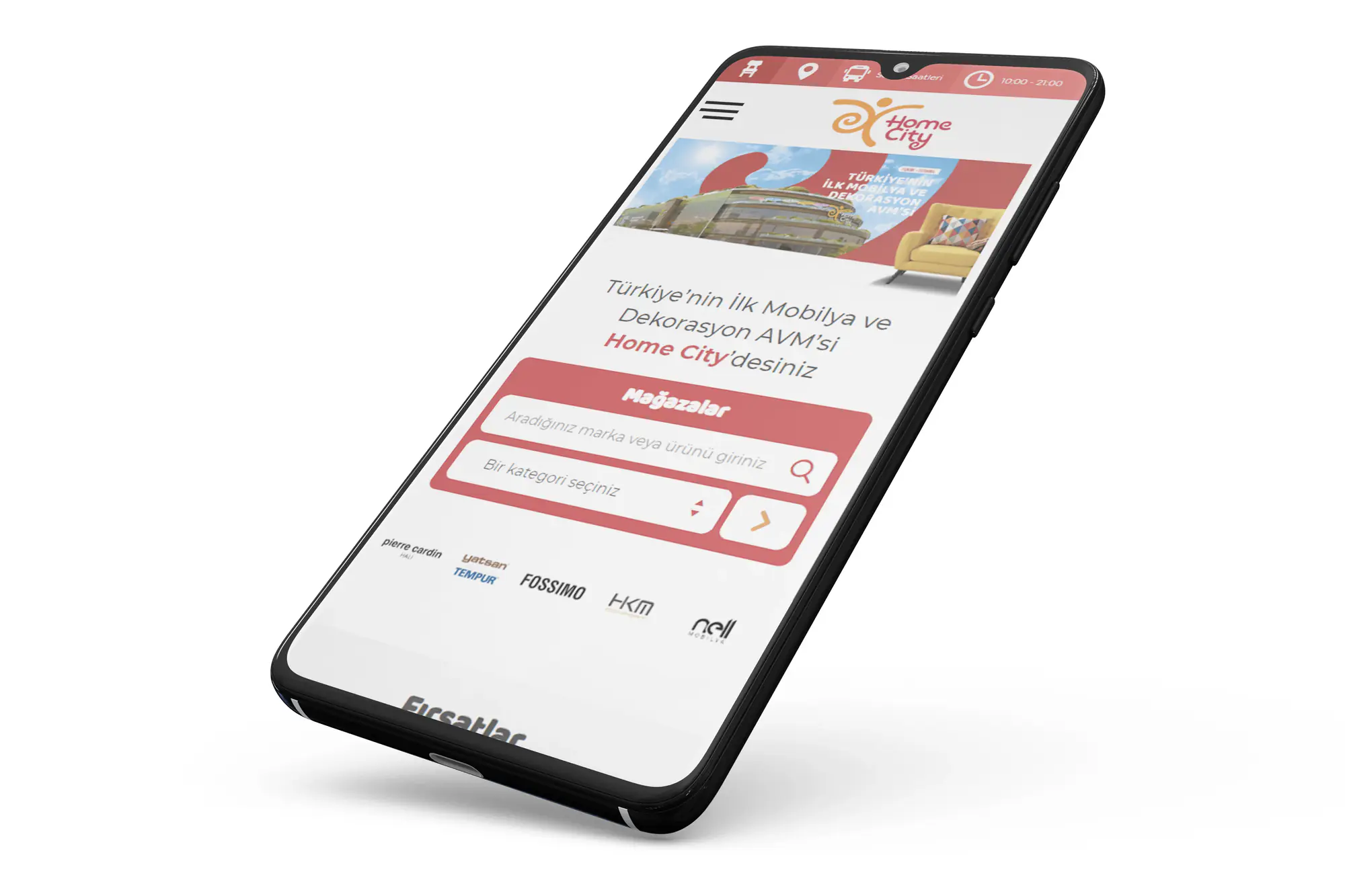 Mobile view of the Home City website: store search