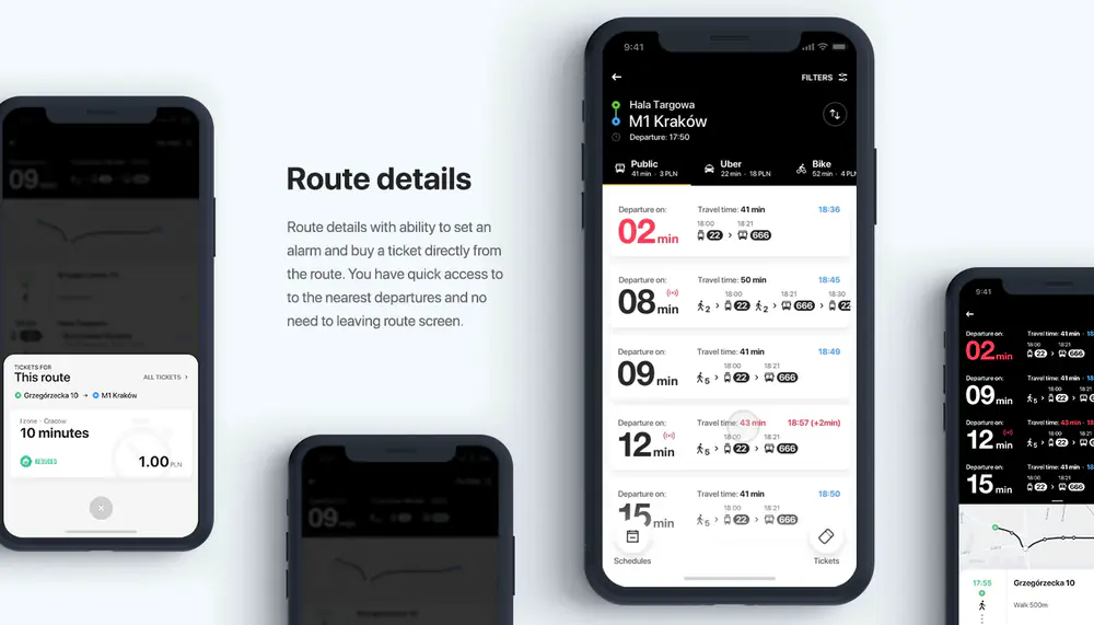 Jakdojade route detail screens: departure times, transfers and walking times