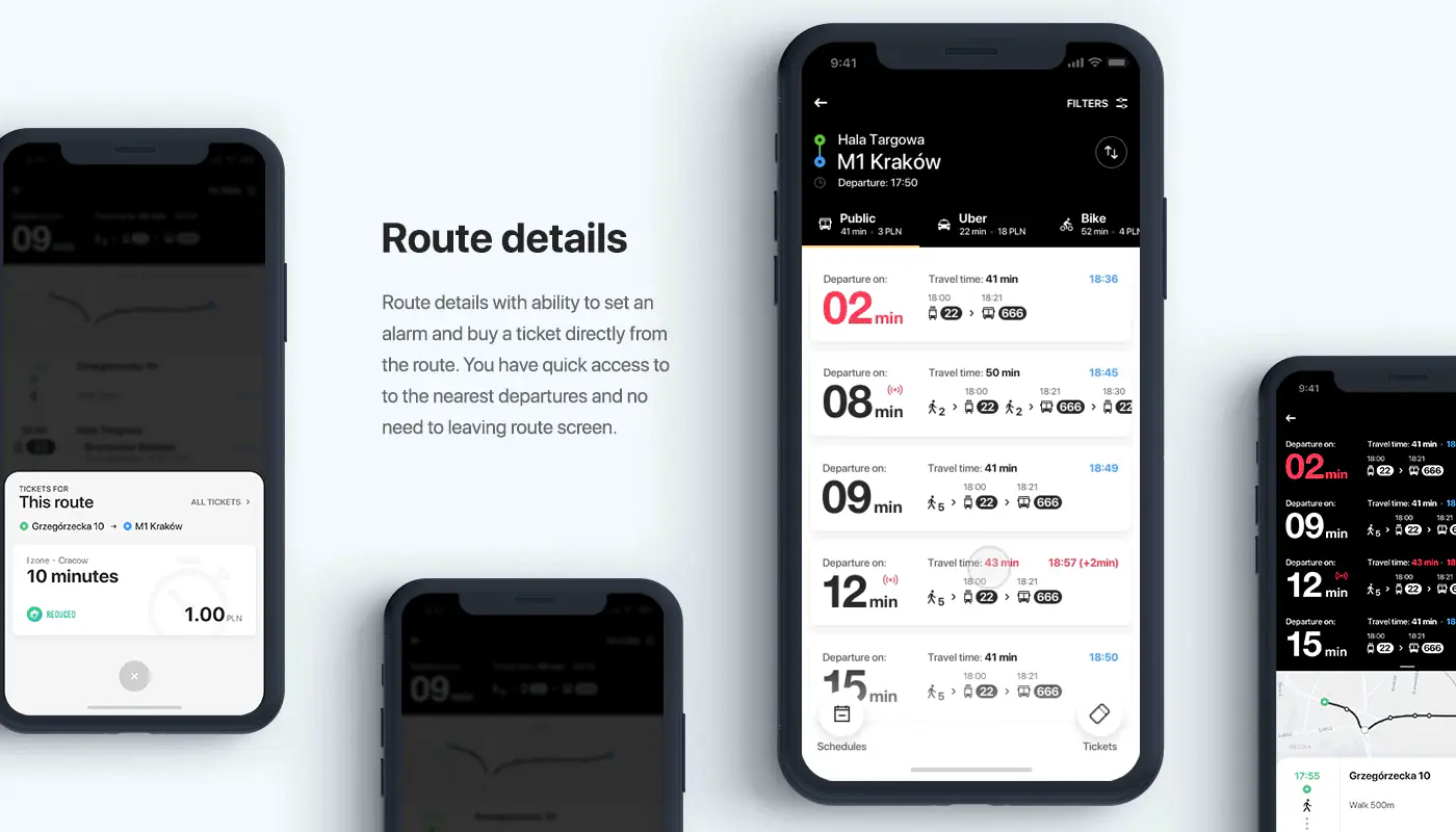 Jakdojade route detail screens: departure times, transfers and walking times