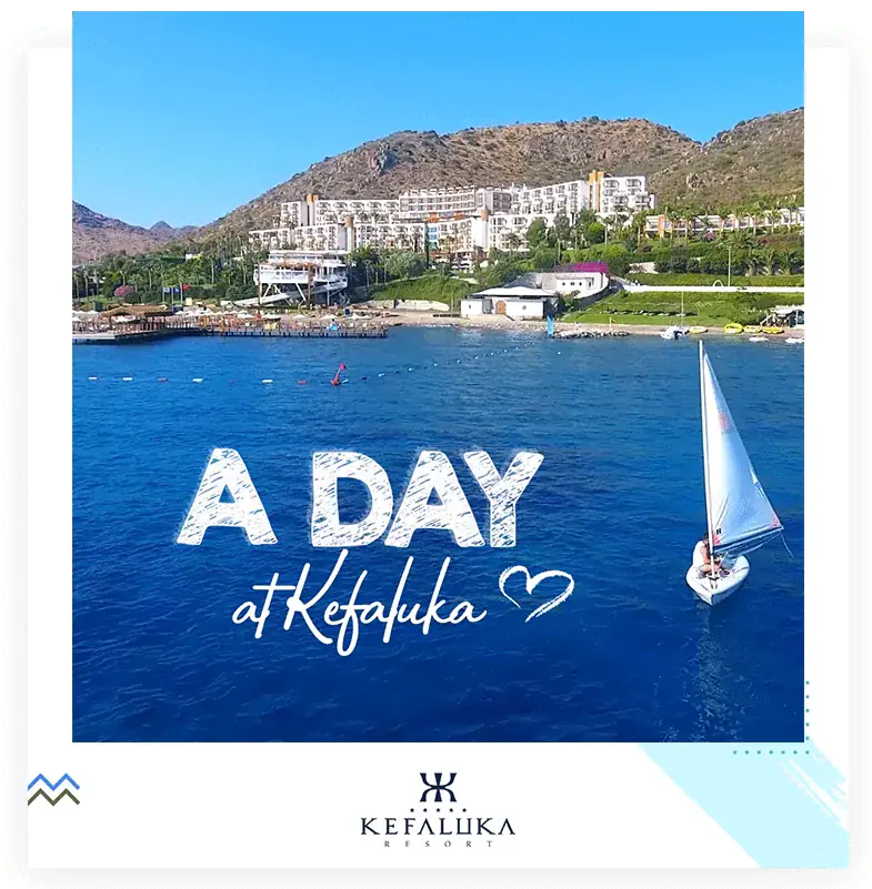 Kefaluka social media post: A day at Kefaluka, a bay and a sailing boat