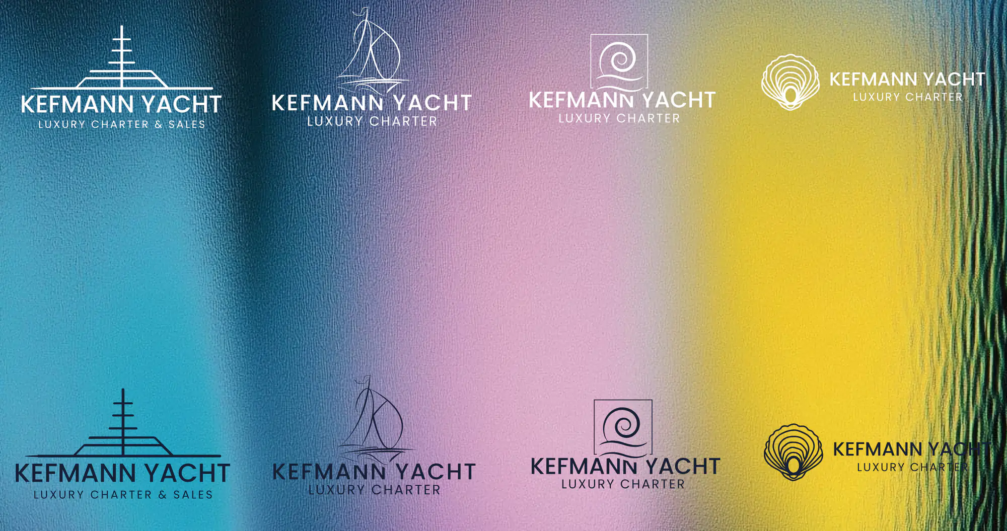 Kefmann Yacht için dört logo konsepti: yat silüeti, yelkenli, dalga ve deniz kabuğu, açık ve koyu kullanımlarıyla