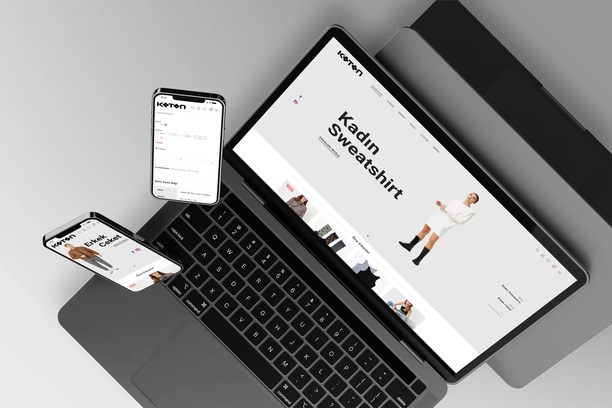 The Koton Cyprus site on a laptop and phone: women’s sweatshirt collection