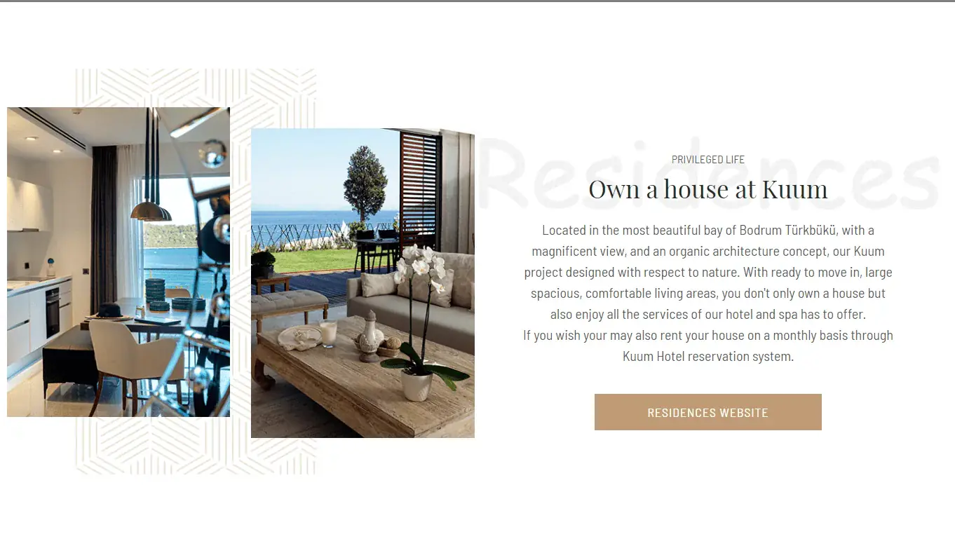 Kuum Hotel residences page: the heading Own a house at Kuum and photos of the residences
