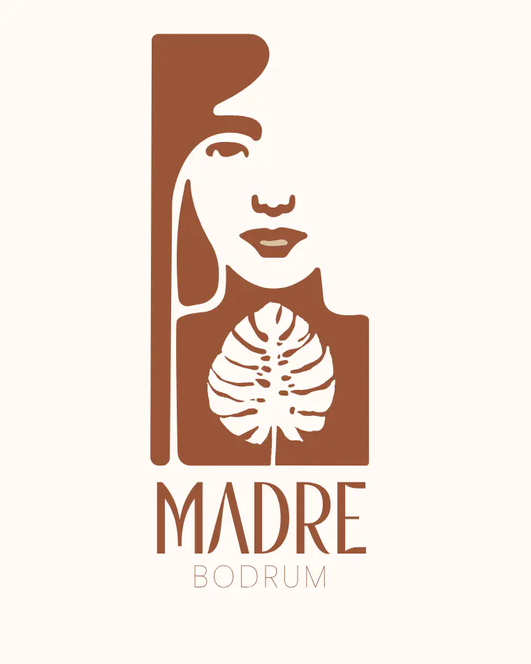 Alternative logo study for Madre Bodrum: a woman’s silhouette with monstera leaves and the word MADRE