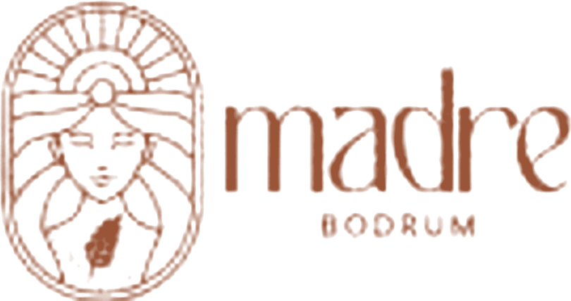 Madre Bodrum logo: a sun, a woman’s face and an ear of wheat in an arched frame, beside the words madre Bodrum