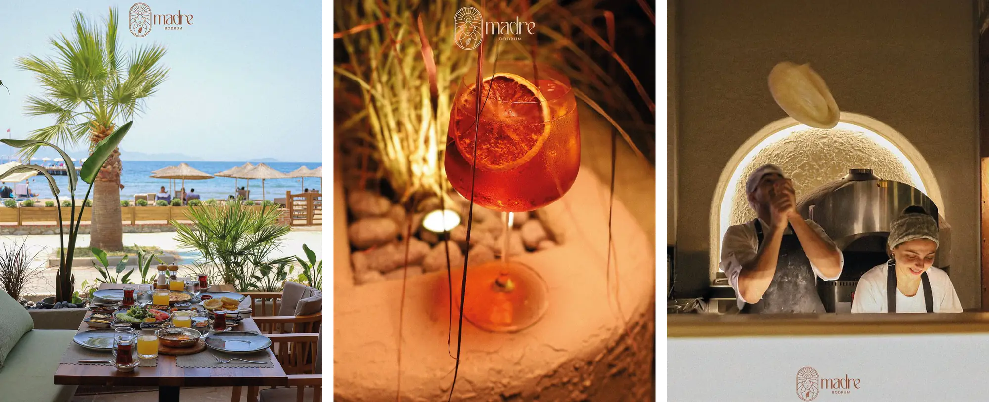 Three shots we took for Madre Bodrum: a breakfast table facing the sea, an evening cocktail and pizza chefs in front of the oven