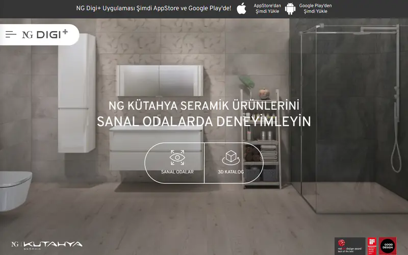 NG Digi+ start screen: virtual rooms and 3D catalogue options over a bathroom image