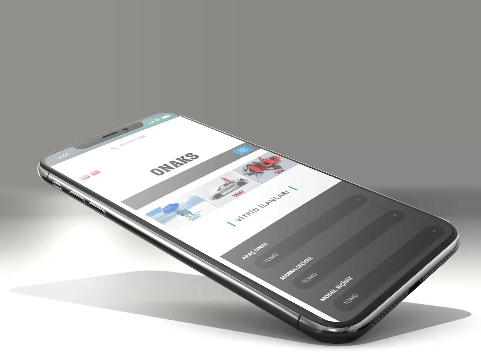 Mobile view of the Onaks website: featured listings and vehicle filter