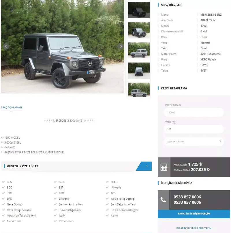 Onaks vehicle detail page: vehicle details, loan calculator and contact box