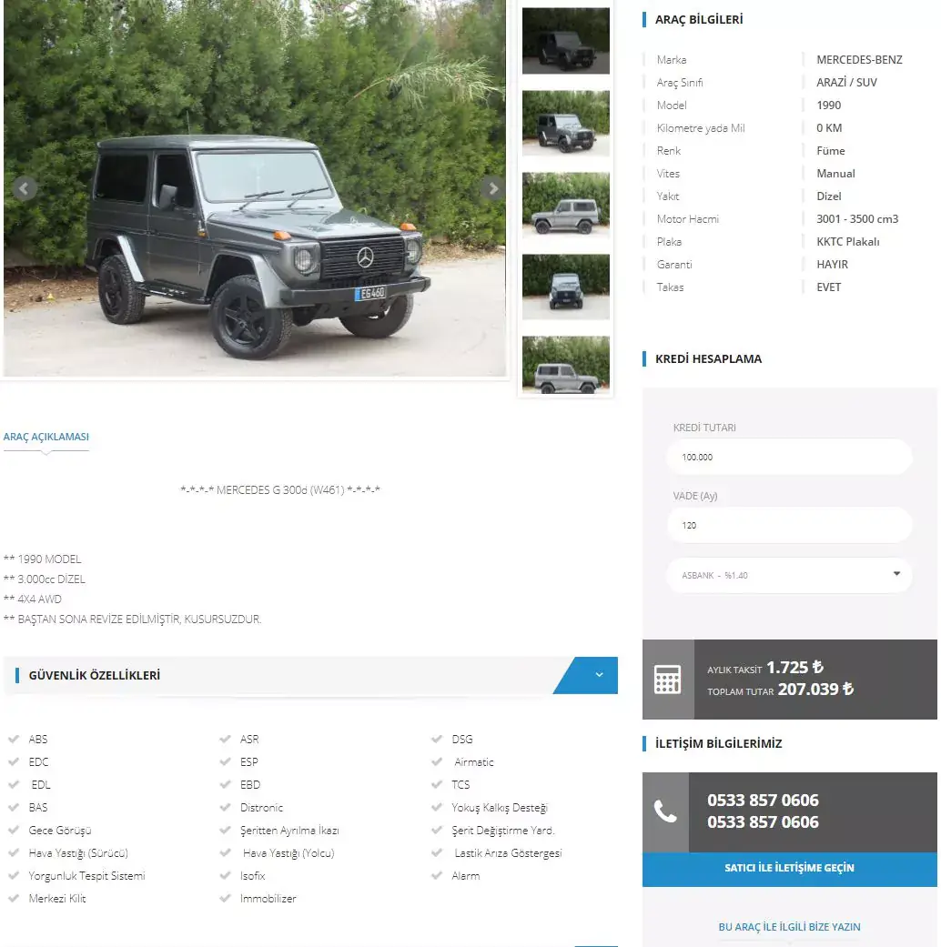 Onaks vehicle detail page: vehicle details, loan calculator and contact box