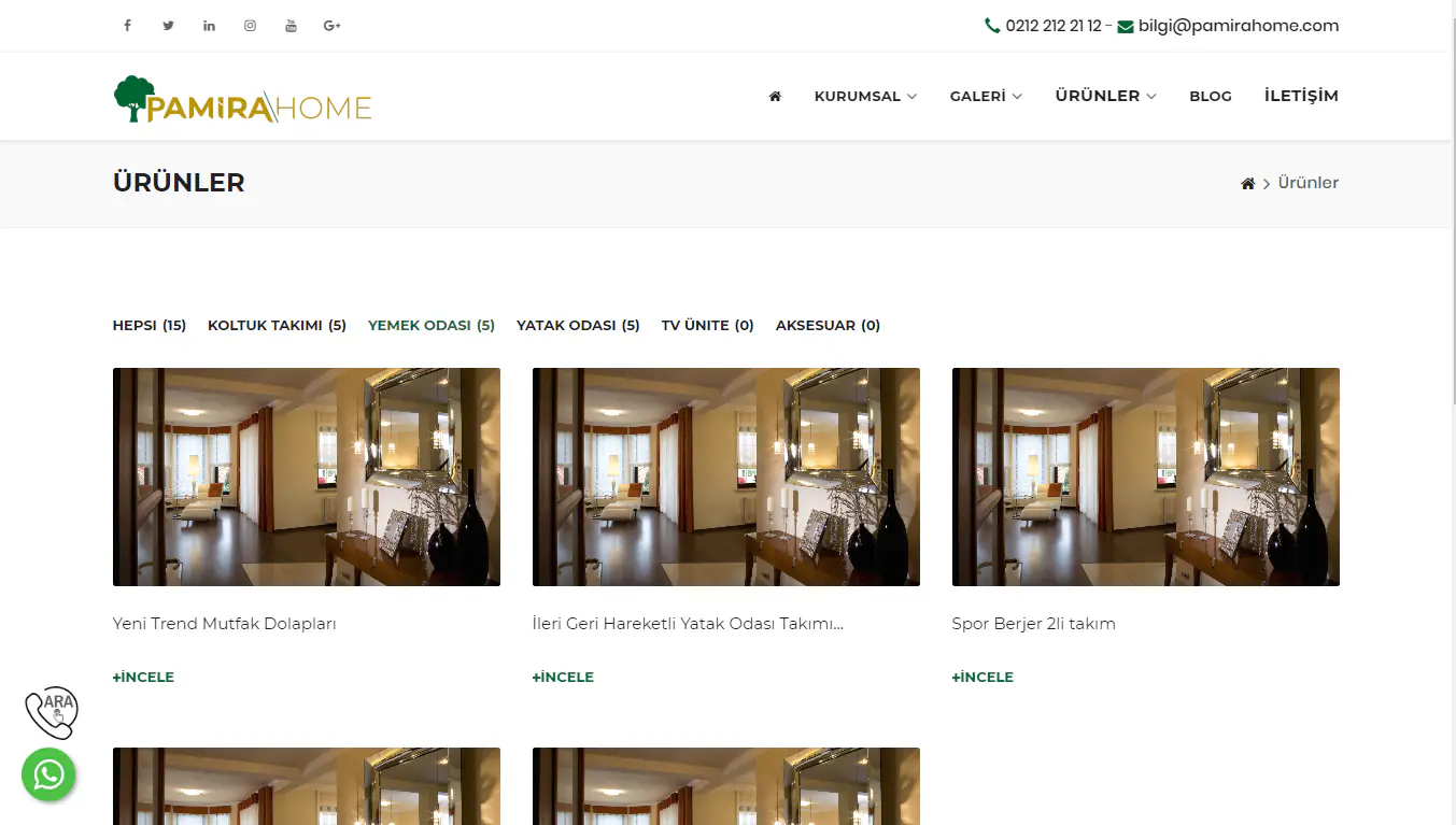 Pamira Home ürünler sayfası: kategori filtreleri ve ürün kartları