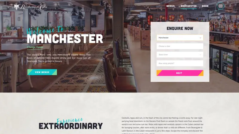 Revolución de Cuba Manchester page: Welcome to Manchester heading and Enquire Now form