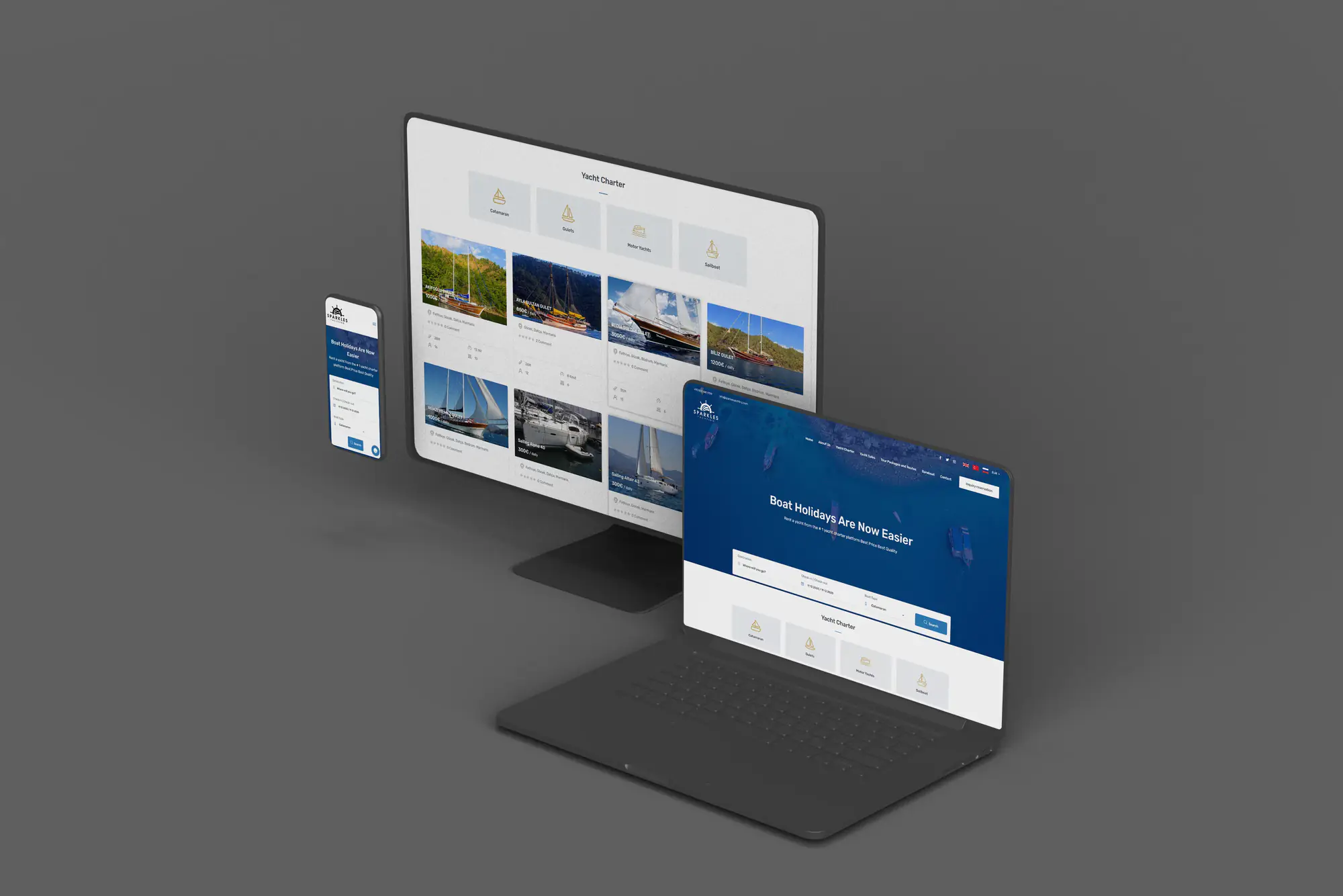 Sparkles Yachting sitesi masaüstü, tablet ve telefonda