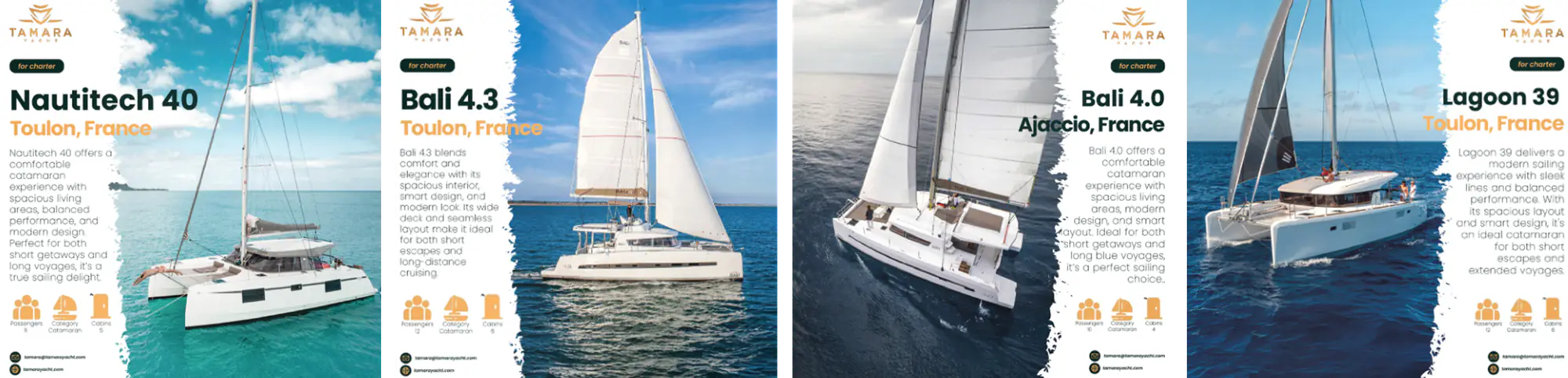 Tamara Yacht for charter posts: Nautitech 40, Bali 4.3, Bali 4.0 and Lagoon 39