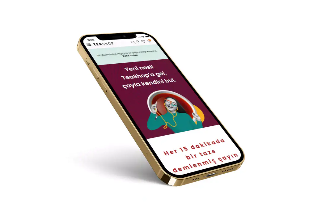 Tea Shop interface on a phone: “yeni nesil Teashop’a gel, çayla kendini bul” (come to the new-generation Teashop, find yourself with tea)