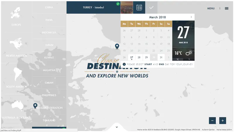 Yachteo: Türkiye selected on the map, with a March calendar and weather forecast beside it