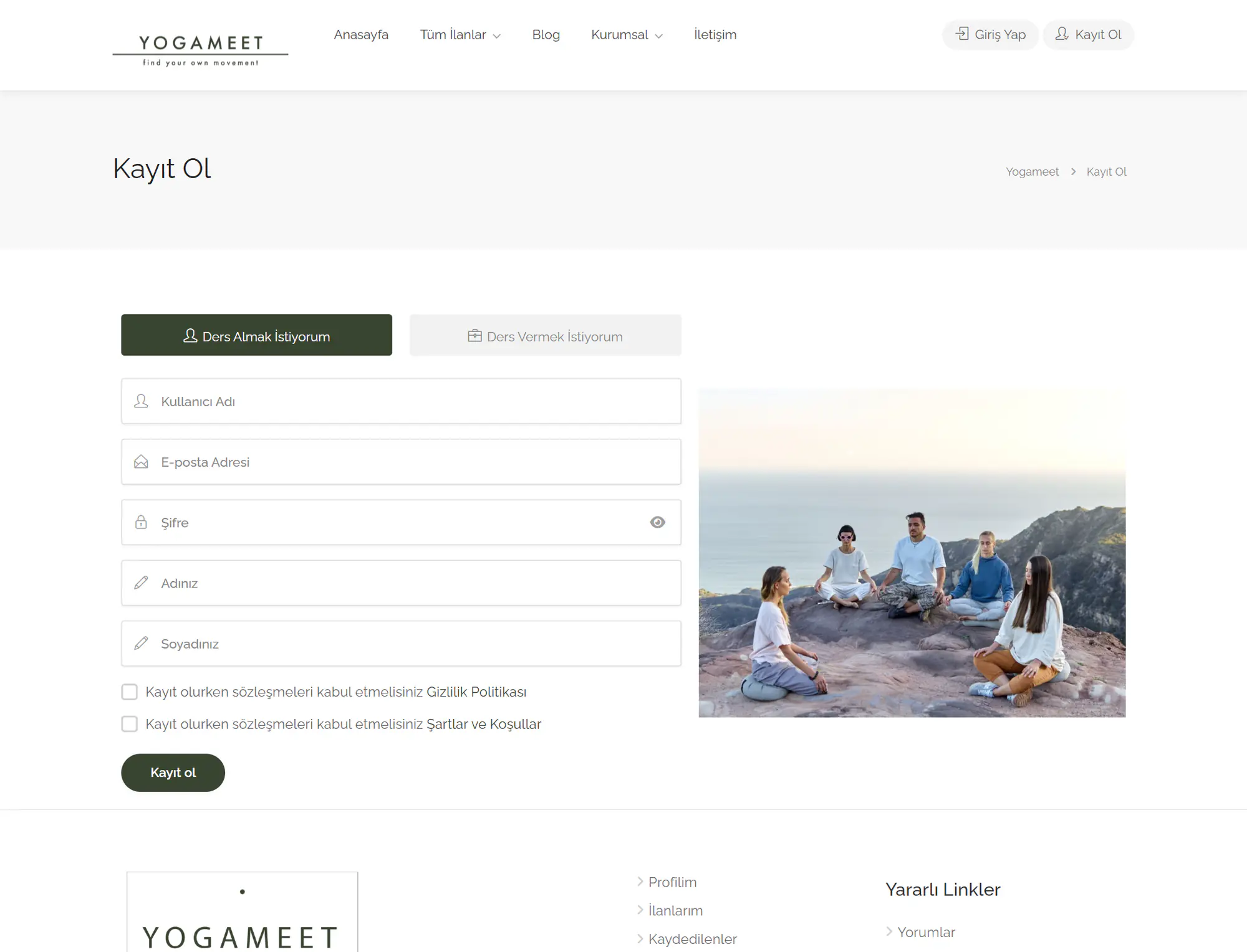 Yogameet sign-up page: separate registration for taking classes and for teaching them