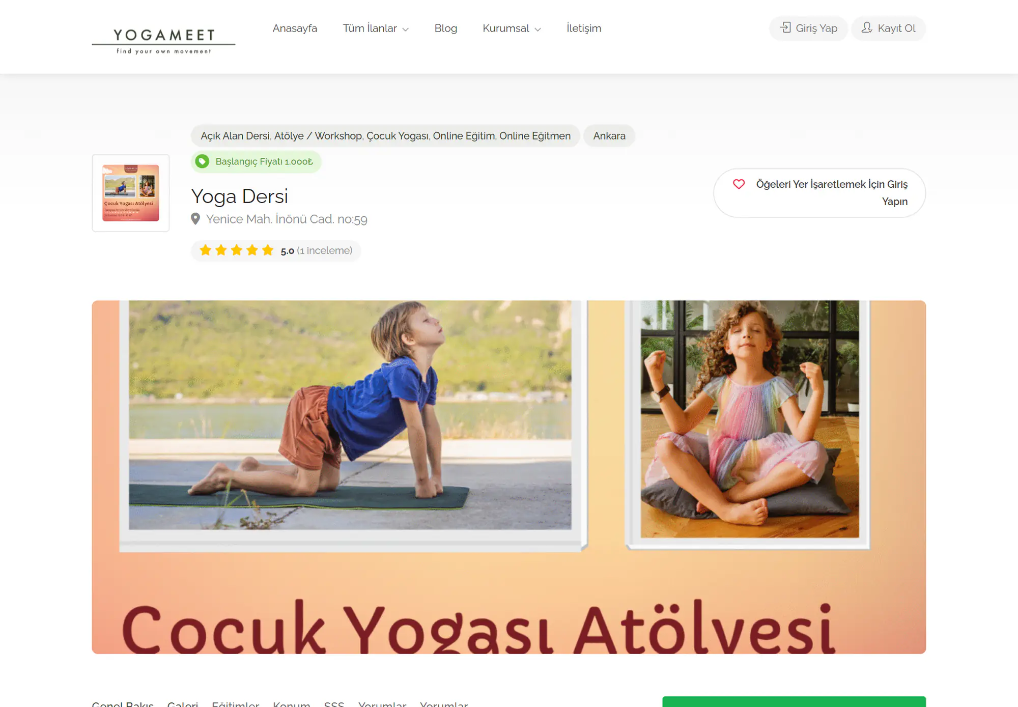 Yogameet listing page: a children’s yoga workshop with categories, price and rating