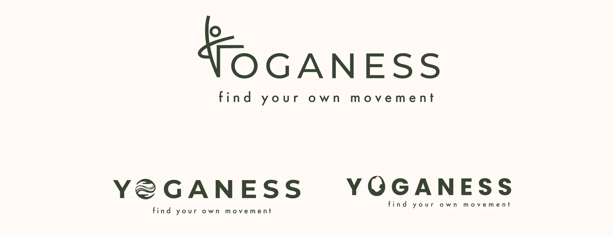 Logo studies for the brand’s original name, Yoganess, with the slogan find your own movement