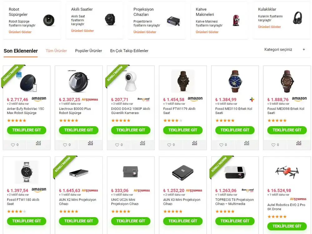 Yurt Dışı Fiyatı product list: recently added products with their stores and prices