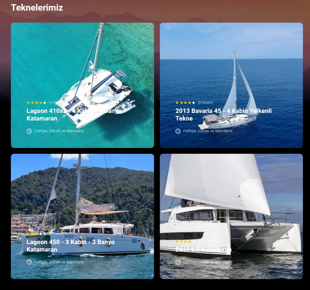 Aloha Sailing sitesinin Teknelerimiz bölümü: katamaran ve yelkenli tekne kartları, misafir puanları ve Fethiye, Göcek ve Marmaris bilgisi