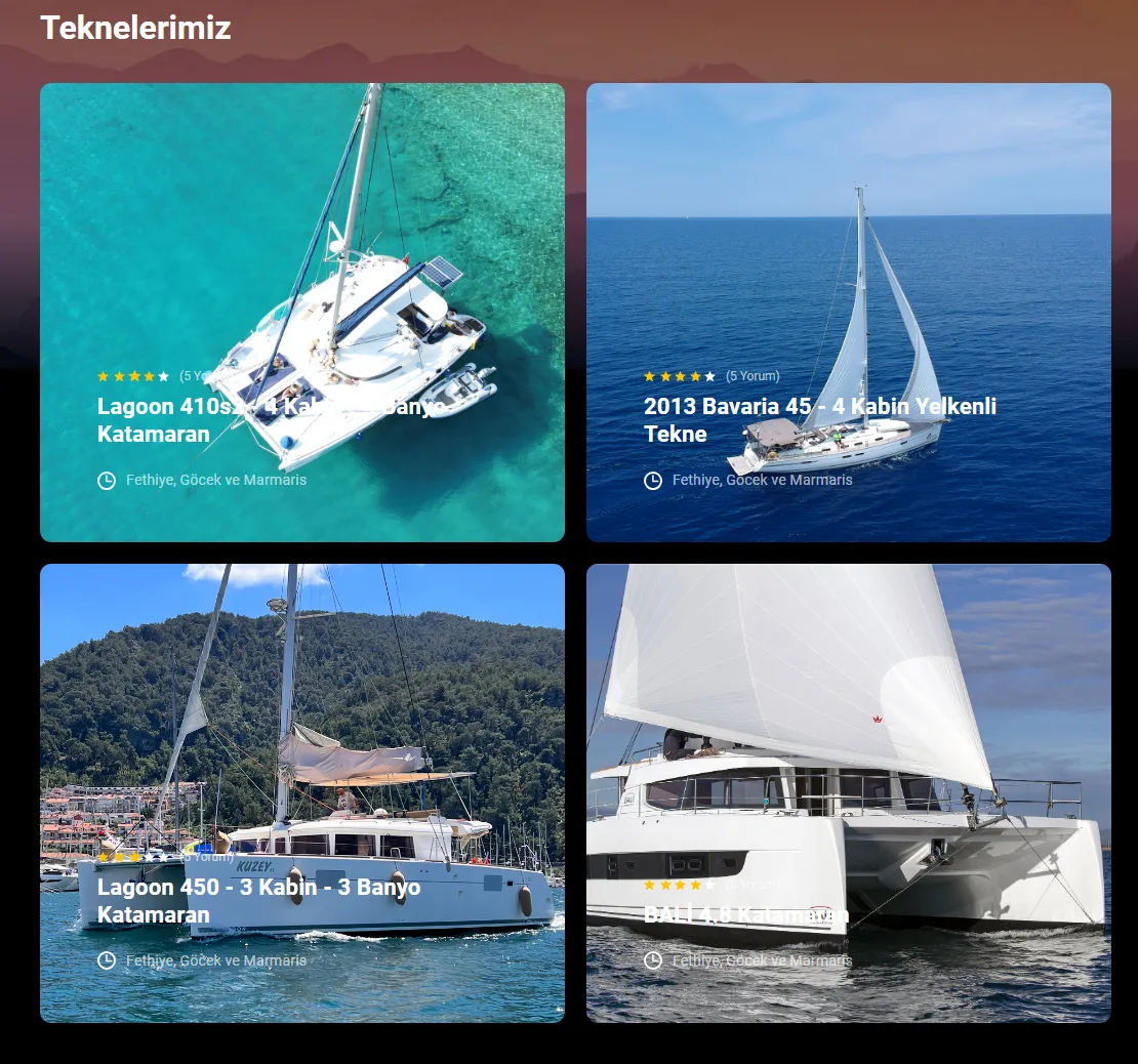 Aloha Sailing sitesinin Teknelerimiz bölümü: katamaran ve yelkenli tekne kartları, misafir puanları ve Fethiye, Göcek ve Marmaris bilgisi